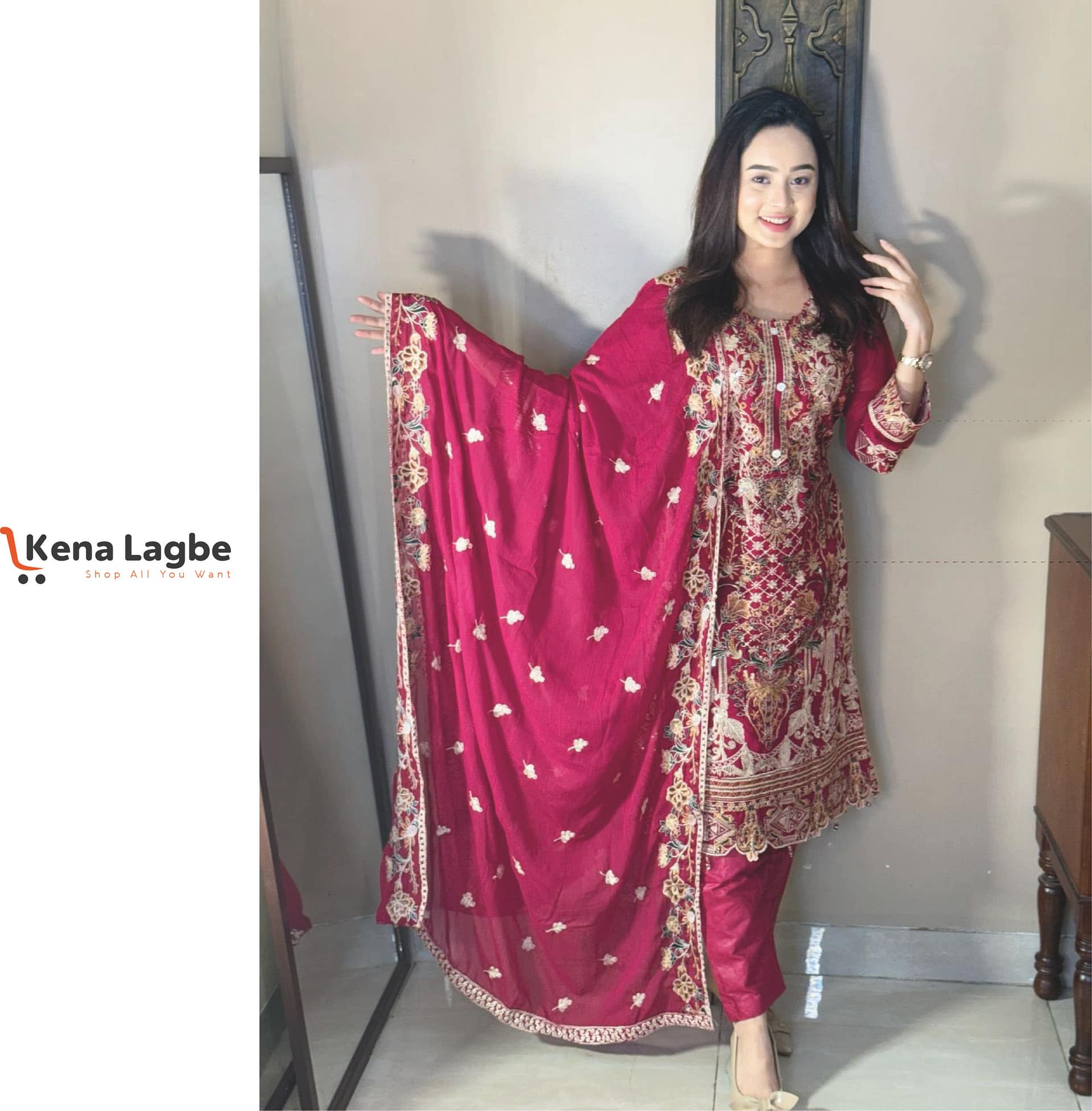 Deep Rose Pink Embroidered Georgette 4-Piece Unstitched Dress Set